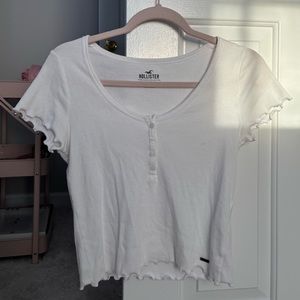Hollister White Buttoned Loose Lightweight Charleston Tee with Ruffled Design